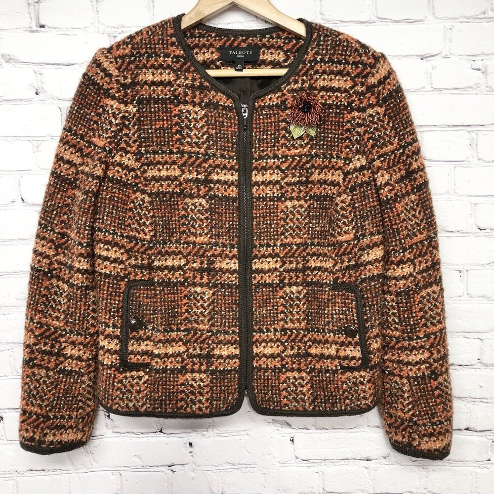 Talbots Brown Orange Tweed Zip Wool Office Career Blazer Jacket Sz Med
